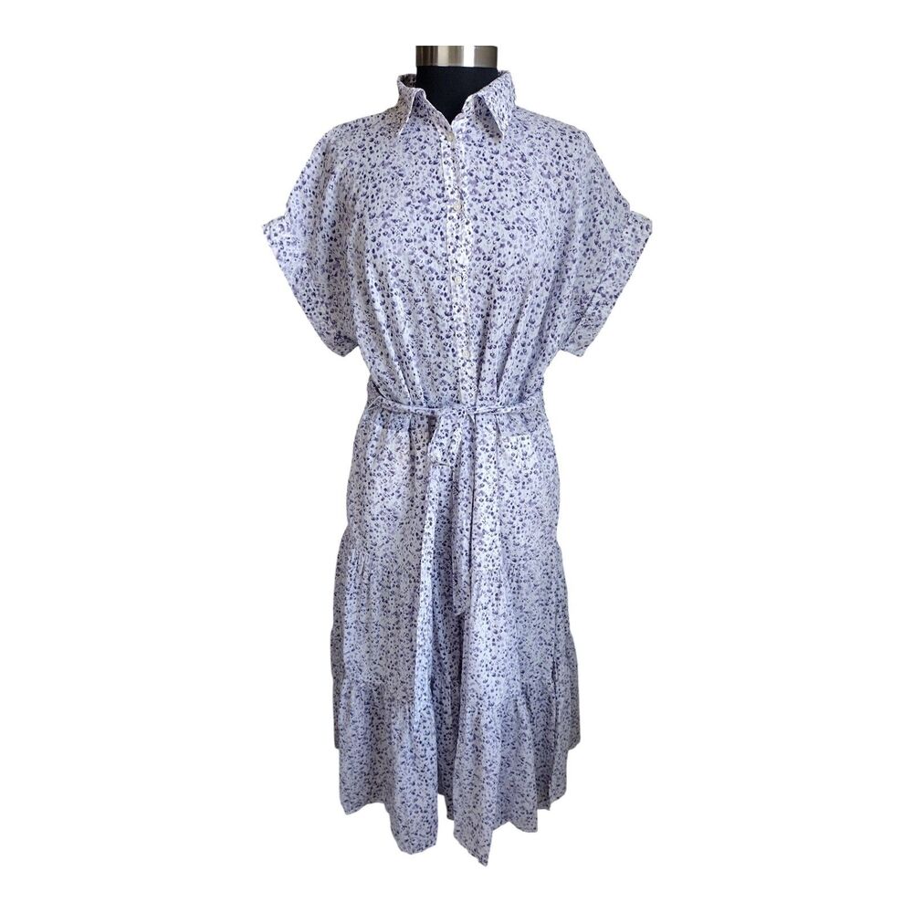 Lauren Ralph Lauren Vilma Shirtdress Lined Size 16 White Ditsy Purple Floral